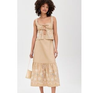 Moon River 2 piece set- brown and cream embroidered tie-up tank top and skirt